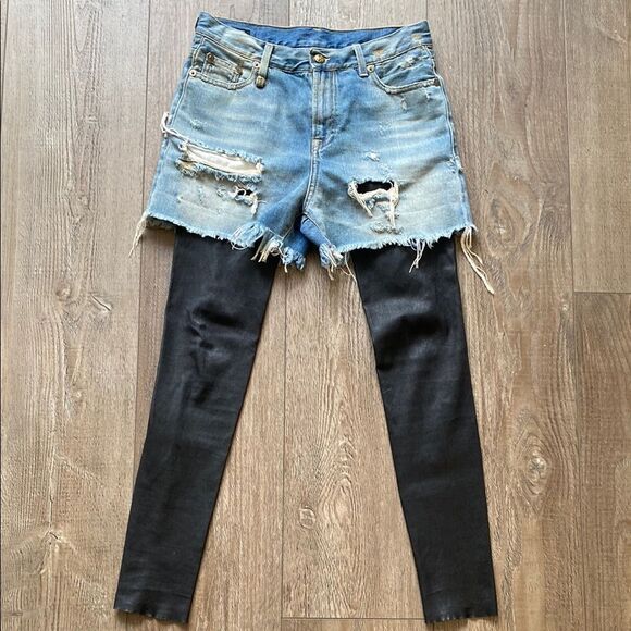 R13 Denim Dylan Shredded Jean Short Chaps Attached Layered Black Leather Legging - Picture 1 of 8
